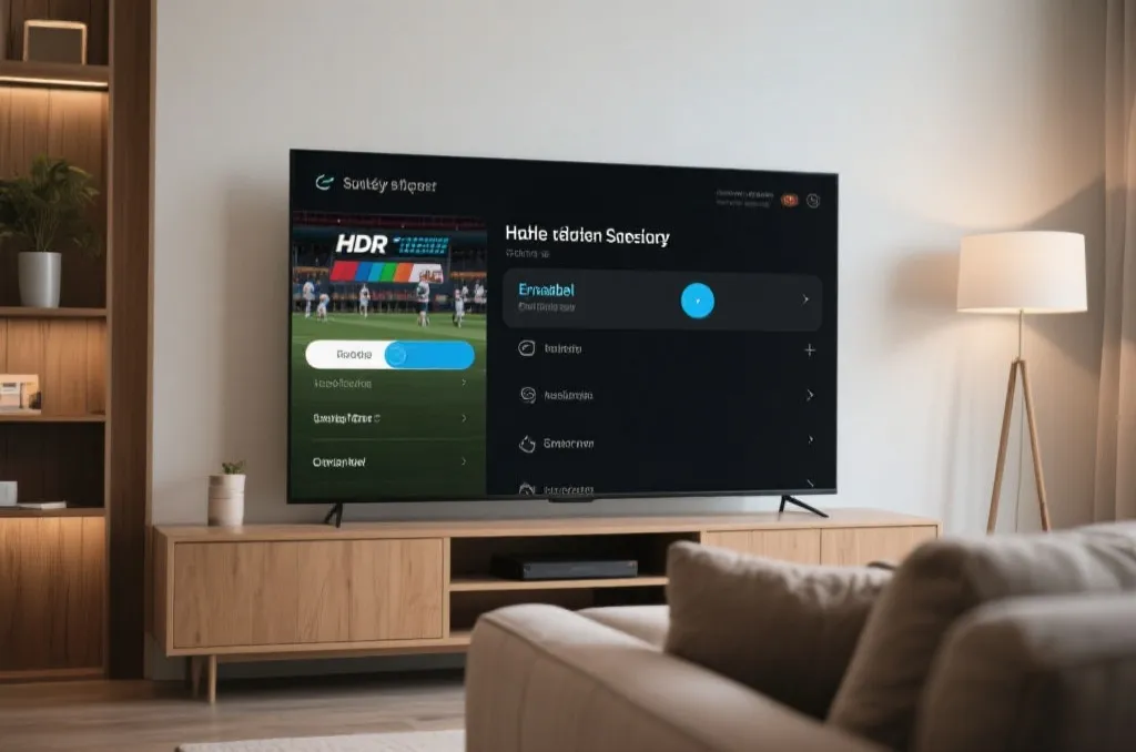 A sleek modern smart TV interface in a cozy living room, displaying an active sports channel setup menu with the HDR setting toggled to Enabled, editorial style.
